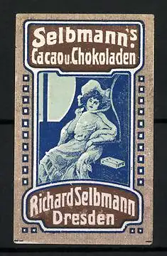 Reklamemarke Cacao und Chocoladen von Richard Selbmann, Dresden, Fräulein im Zugabteil