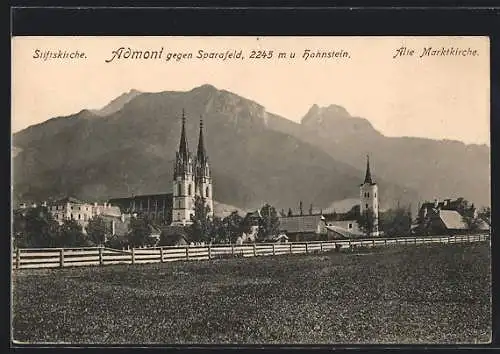 AK Admont, Alte Marktkirche und Stiftskirche gegen Sparafeld und Hahnstein