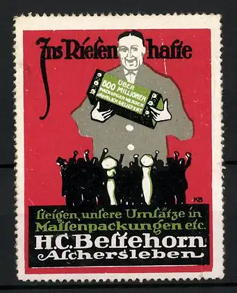 Reklamemarke Massenpackungen von H. C. Bestehorn, Aschersleben, Kunden bejubeln einen Verkäufer