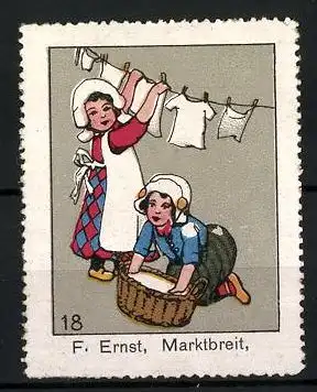 Reklamemarke F. Ernst, Marktbreit, zwei Mädchen mit Waschfass und Wäscheleine