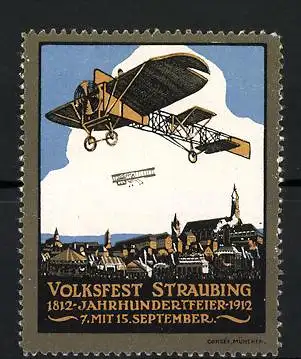 Reklamemarke Straubing, Volksfest & Jahrhundertfeier 1812-1912, Flugzeuge über der Stadt