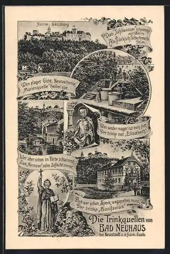 Künstler-AK Bad Neustadt a. d. Saale, Die Trinquellen, Ruine Salzburg, Marienquelle, Heiliger