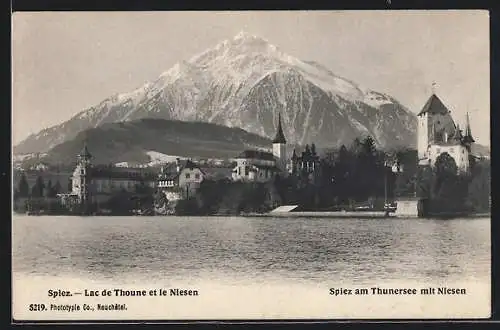 AK Spiez, Ortsansicht mit Thunersee und Niesen