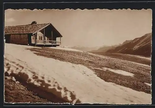 AK Adelboden, Berghütte auf der Tschentenalp im idyllischen Bergfrühling