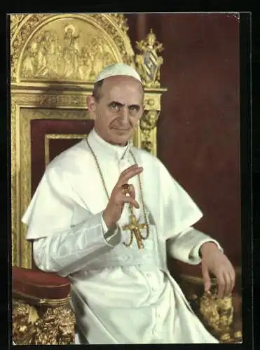 AK Papst Paul VI., Portrait auf Thron mit erhobener Hand