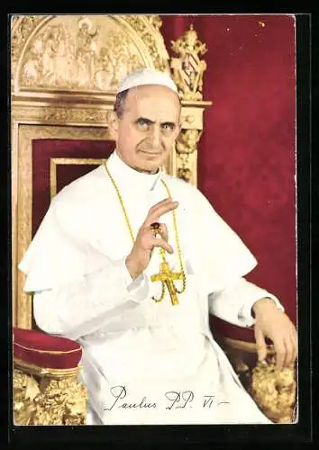 AK Papst Paul VI., Portrait auf Thron mit erhobener Hand