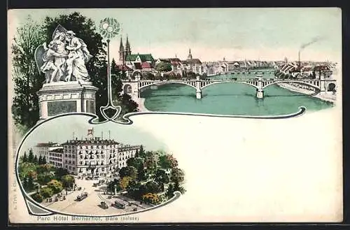 Lithographie Basel, Parc Hotel Bernerhof, Denkmal und Gesamtansicht mit Brücke