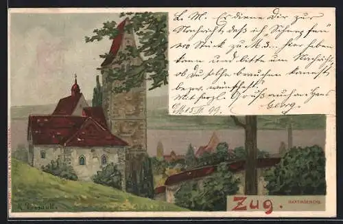 Lithographie Zug, Partie an der Martinskirche