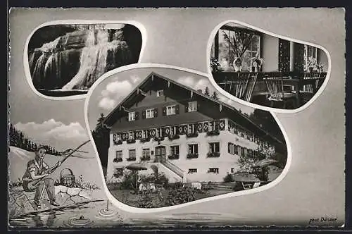 AK Oberstaufen / bayer. Allgäu, Alpengasthof Eibelesmühle, Wasserfall & Angler