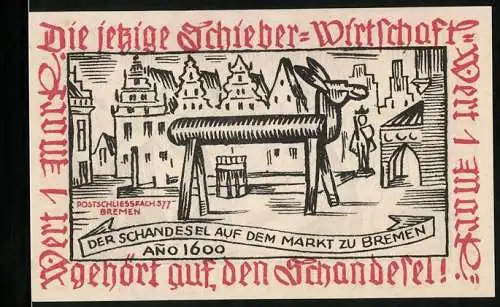 Notgeld Bremen 1921, 1 Mark, Schandesel auf dem Markt anno 1600, Die Weisen von Zion, Deutscher Tag
