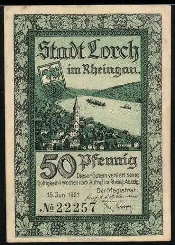 Notgeld Lorch im Rheingau 1921, 50 Pfennig, Ortsansicht, Bergsturz