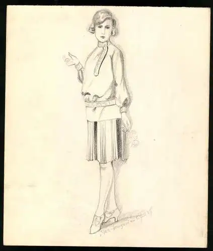 Handzeichnung Bleistiftzeichnung Mode, klein Irmgard im Faltenrock mit Bluse, Kleidung 20er Jahre, 21 x 25cm