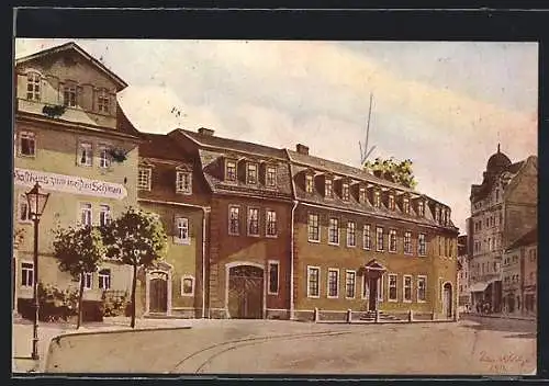 Künstler-AK Weimar / Thür., Goethehaus und Gasthaus zum weissen Schwan