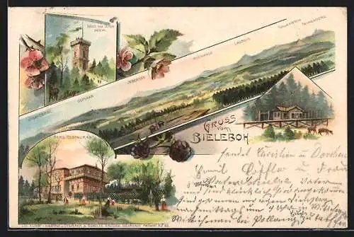 Lithographie Beiersdorf / Oberlausitz, Gasthaus Bieleboh, Turm, Gebirgskette