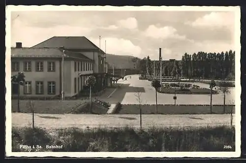 AK Flöha, Bahnhof mit Vorplatz