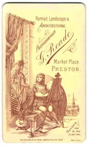 Fotografie G. Reade, Preston, Market Place, Künstler mit Staffelei malt eine Bild von einer Frau