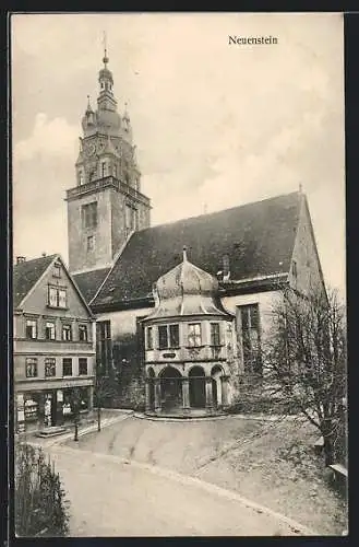 AK Neuenstein / Württ., Geschäft und Kirche