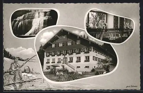 AK Oberstaufen / bayer. Allgäu, Alpengasthof Eibelesmühle, Wasserfall & Angler