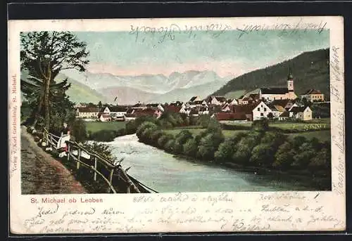 AK St. Michael ob Leoben, Flusspartie mit Blick auf die Ortschaft