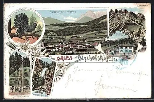 Lithographie Bischofshofen, Gasthaus Mitterberg, Mandlwand, Wasserfall, Aufzug in Mühlbach, Auerhahn, Ortsansicht