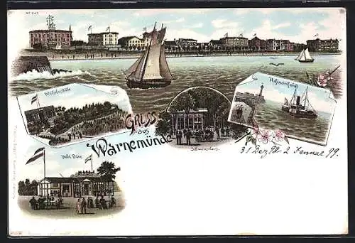 Lithographie Warnemünde, Dampfer an der Hafeneinfahrt, Wilhelmshöhe, Hohe Düne