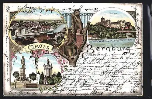 Lithographie Bernburg, Schloss, Wolfgangdenkmal, Bären im Gehege