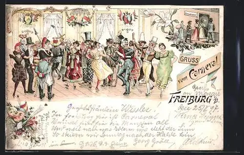 Lithographie Freiburg i. B., Kostümierte feiern Fasching, Bürger vor dem Versatzamt