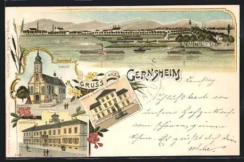 Lithographie Gernsheim, Ortsansicht, Kirche, Stadthaus, Schule und Schöffer-Denkmal