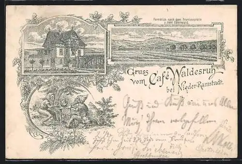 Lithographie Nieder-Ramstadt, Café Waldesruh, Zwerge