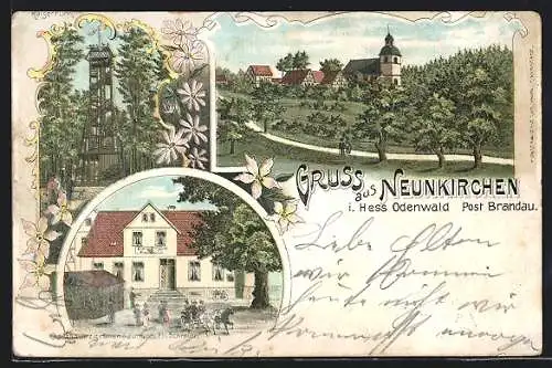 Lithographie Neunkirchen i. hess. Odenwald, Gasthaus z. grünen Baum, Bes. Ph. Schmidt, Ortsansicht