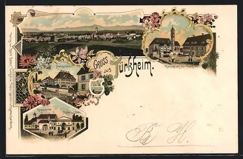 Lithographie Türkheim, Amtsgebäude, Marienplatz mit Pfarrkirche, Klosterkirche, Lorettokapelle