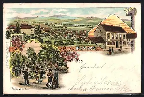 Lithographie Westdorf / Aschersleben, Restaurant zum schwarzen Bär, Helmdags-Garten