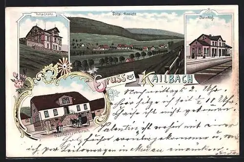 Lithographie Kailbach, Gasthaus zum Hirsch, Villa Stahl, Bahnhof