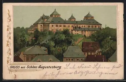 Lithographie Augustusburg, Panorama mit Schloss