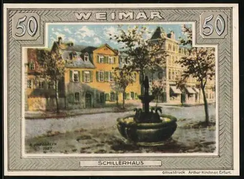 Notgeld Weimar 1921, 50 Pfennig, Wappen und Schillerhaus