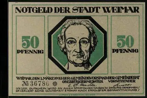 Notgeld Weimar, 50 Pfennig, Goethe, Mann beträufelt einen Schlafenden mit einer Flüssigkeit