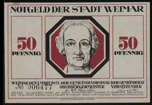 Notgeld Weimar, 50 Pfennig, Goethe, Mutter mit Kindern und Grossvater, der Tod mit Sichel