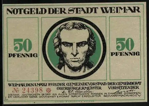 Notgeld Weimar, 50 Pfennig, Schiller, Frau mit Löwe und Faun von Weintrauben umgeben