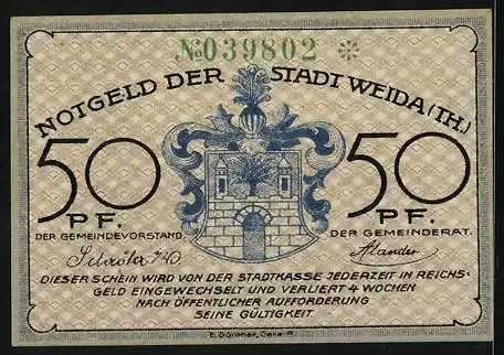 Notgeld Weida /Th., 50 Pfennig, Mann bearbeitet Leder