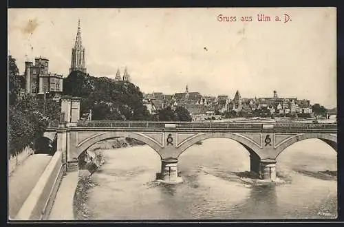 AK Ulm / Donau, Teilansicht mit Flussbrücke