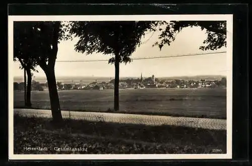 AK Herrnstadt, Gesamtansicht mit evang. Kirche und Pfarrhaus