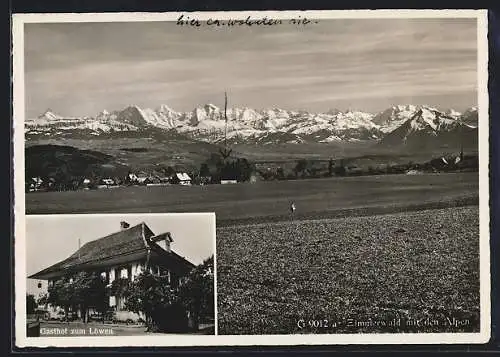 AK Zimmerwald, Gasthof zum Löwen, Ortsansicht mit den Alpen