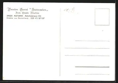 AK Naturns, Pension Garni Sunnwies, Inh. Fam. Erwin Nischler, Bahnhofstrasse 124