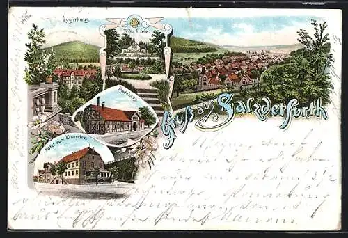 Lithographie Salzdetfurth, Hotel zum Kronprinz, Badehaus und Villa Thiele