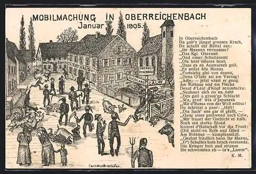 Künstler-AK Oberreichenbach / Württ., Strassenpartie mit Rathaus, Gasthaus zum Lamm, Mobilmachung 1905, Karikatur