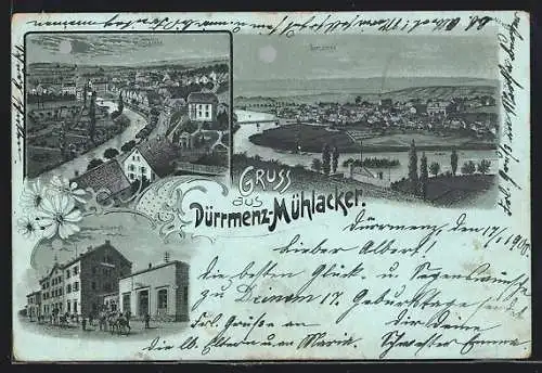 Mondschein-Lithographie Dürrmanz-Mühlacker, Teilansichten, Bahnhof