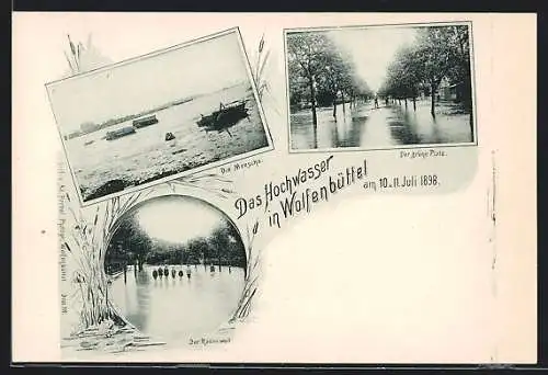 AK Wolfenbüttel, Hochwasser 1898, Die Meesche, Der grüne Platz, Der Rosenwall