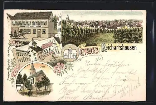 Lithographie Reichartshausen / Baden, Gasthaus zum Löwen, Rathaus und Kirche