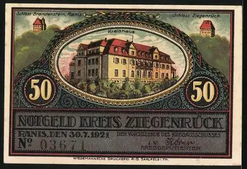 Notgeld Ranis 1921, 50 Pfennig, Bergamt in Grosskamsdorf