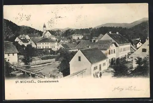 AK St. Michael /Obersteiermark, Blick über die Dächer zur Kirche